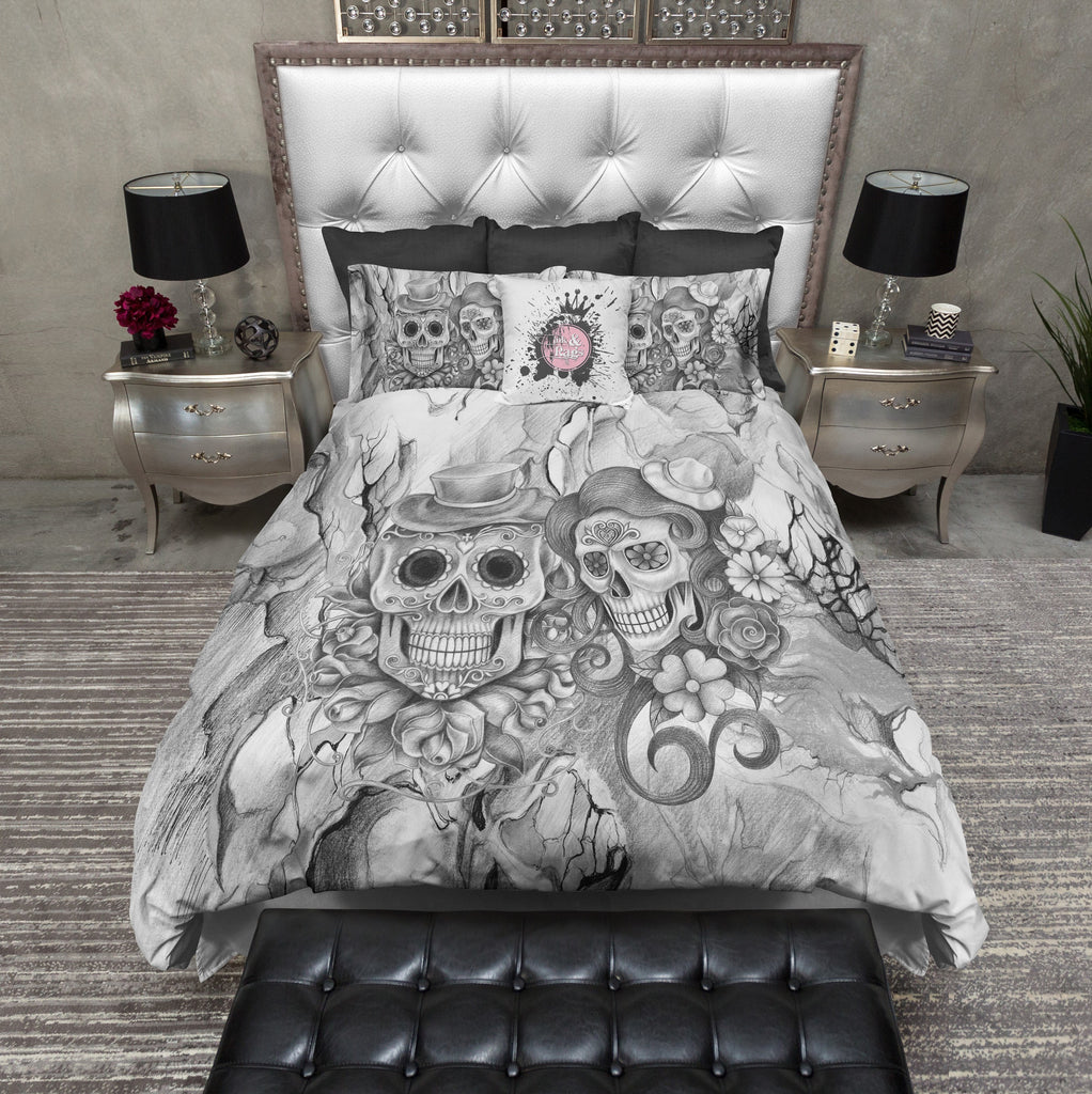 Abstract Grey Pencil Sketch Flower and Sugar Skull Bedding Collection