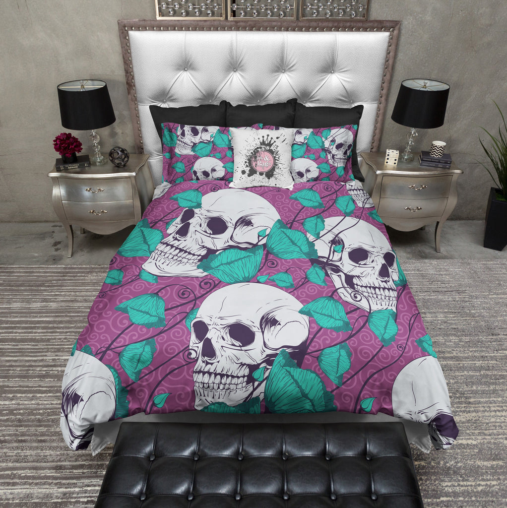 Teal Tulip and Purple Skull Bedding Collection