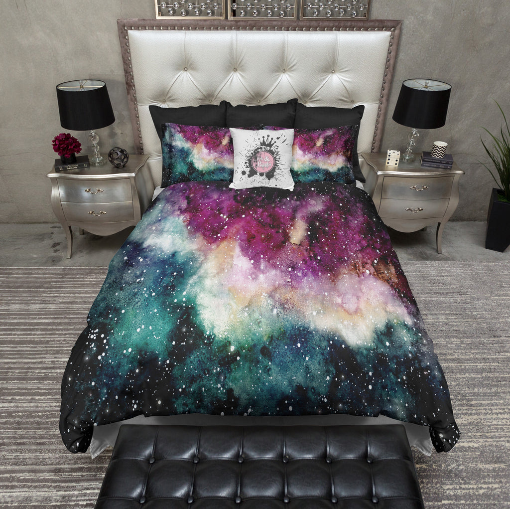 Maroon and Green Watercolor Galaxy Bedding Collection