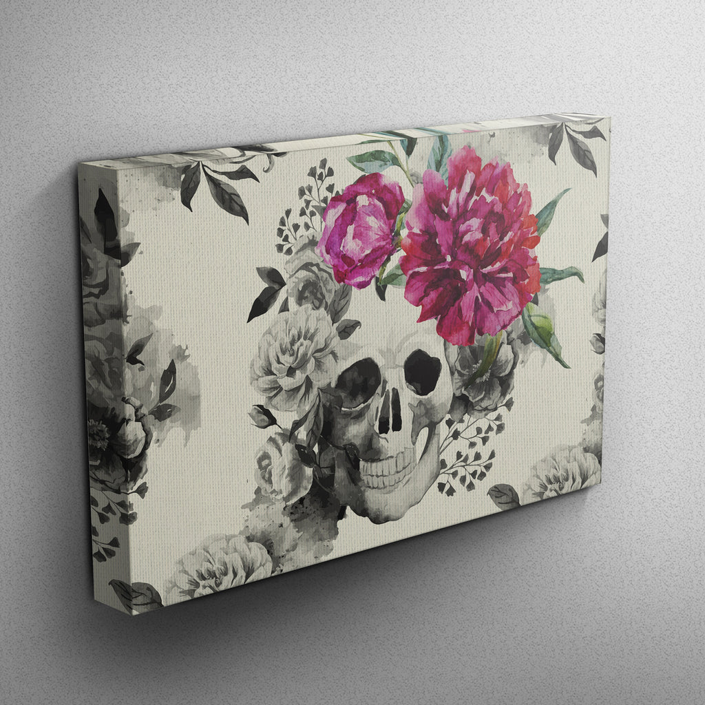 Pink Watercolor Flower and Skull Gallery Wrapped Canvas (CREAM)