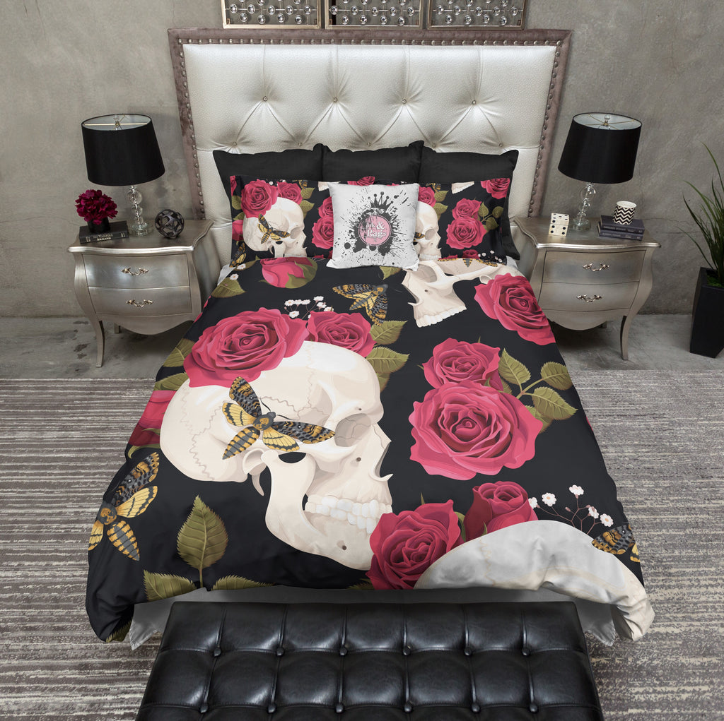 Red Rose and Death Head Moth Skull Bedding Collection
