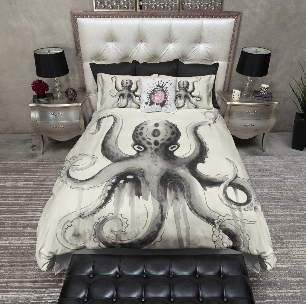 Cream and Black Watercolor Octopus CREAM Bedding Collection