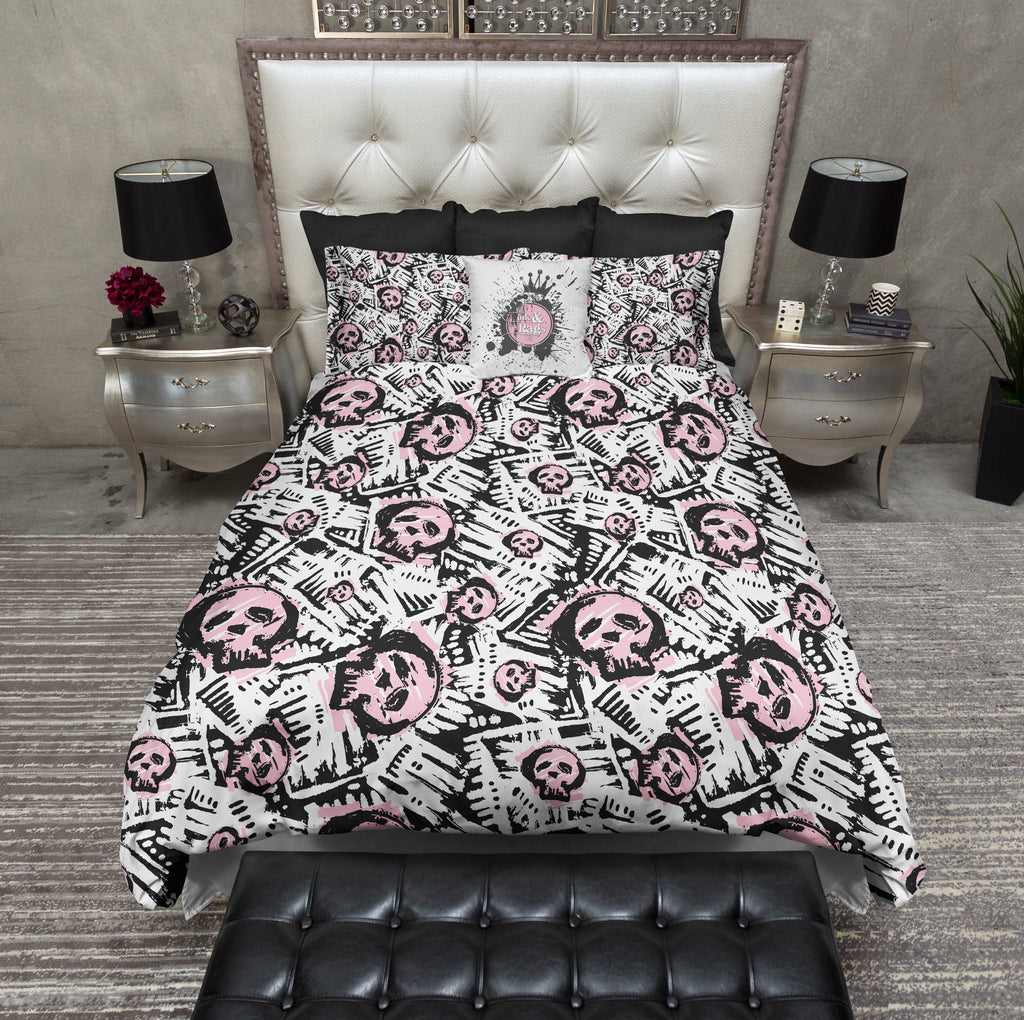 Abstract News Print Pink Skull Bedding Collection