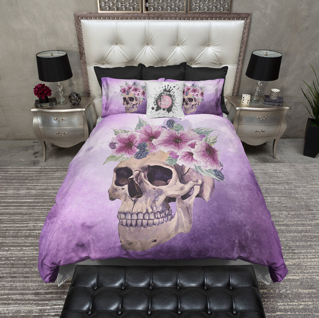 Purple Watercolor Flower and Berries Skull Bedding Collection