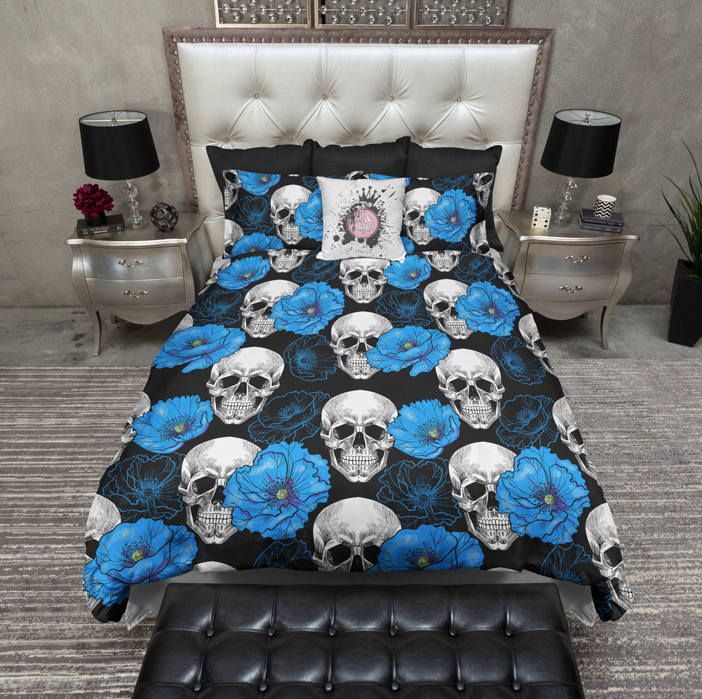 Blue Poppy on Black Skull Bedding Collection