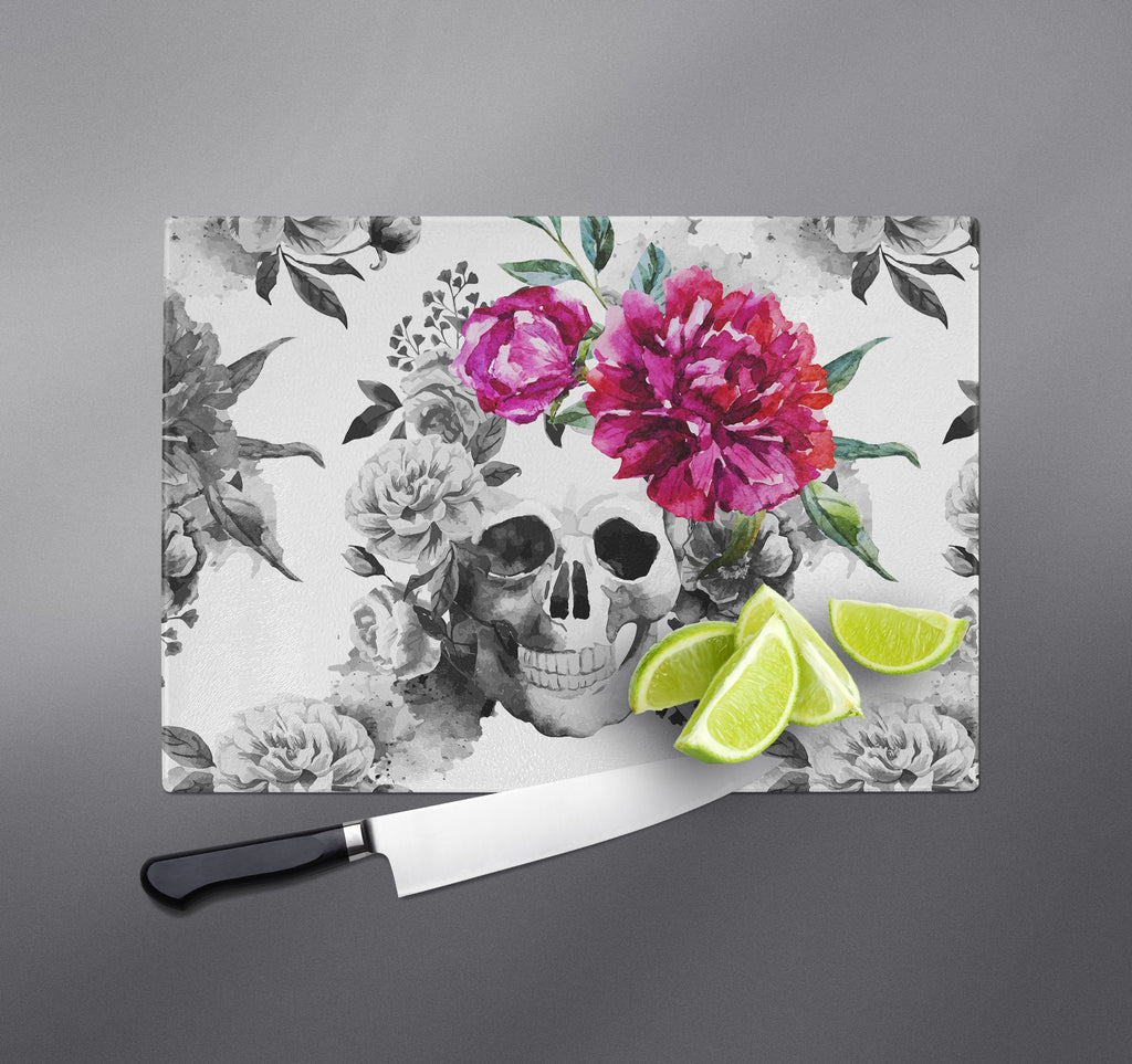 Pink Watercolor Flower and Skull Cutting Boards