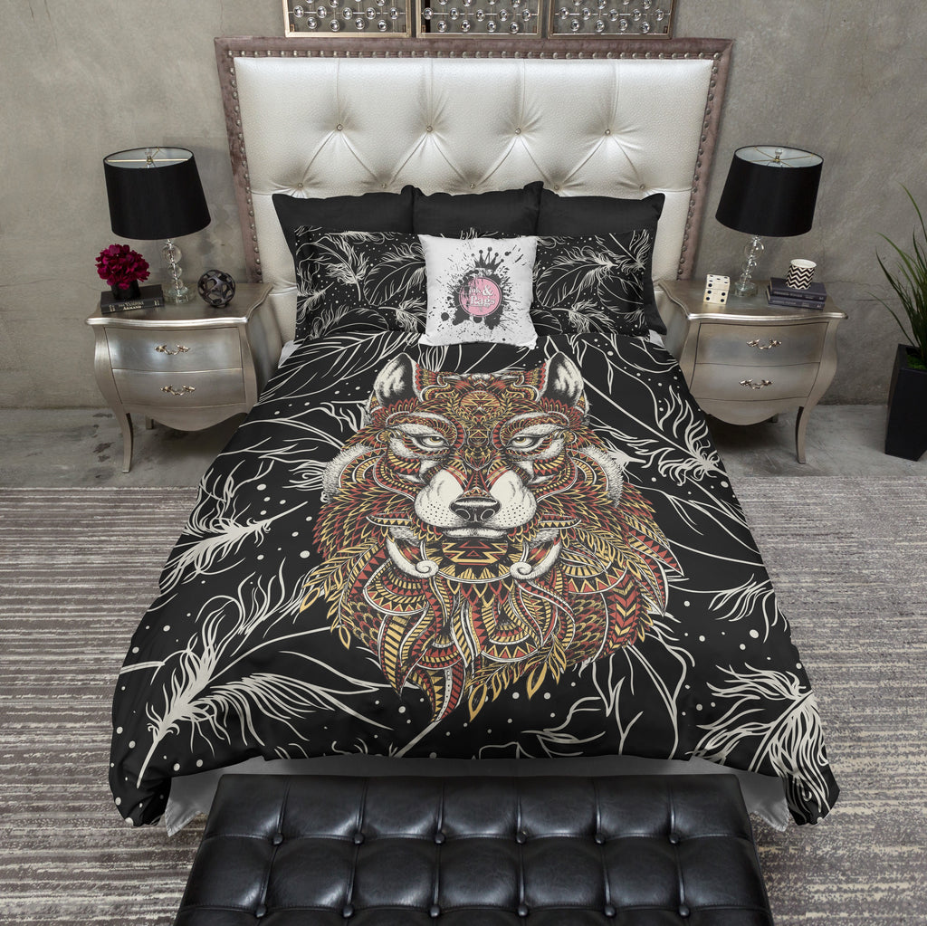 Abstract Wolf and Feather CREAM Bedding Collection