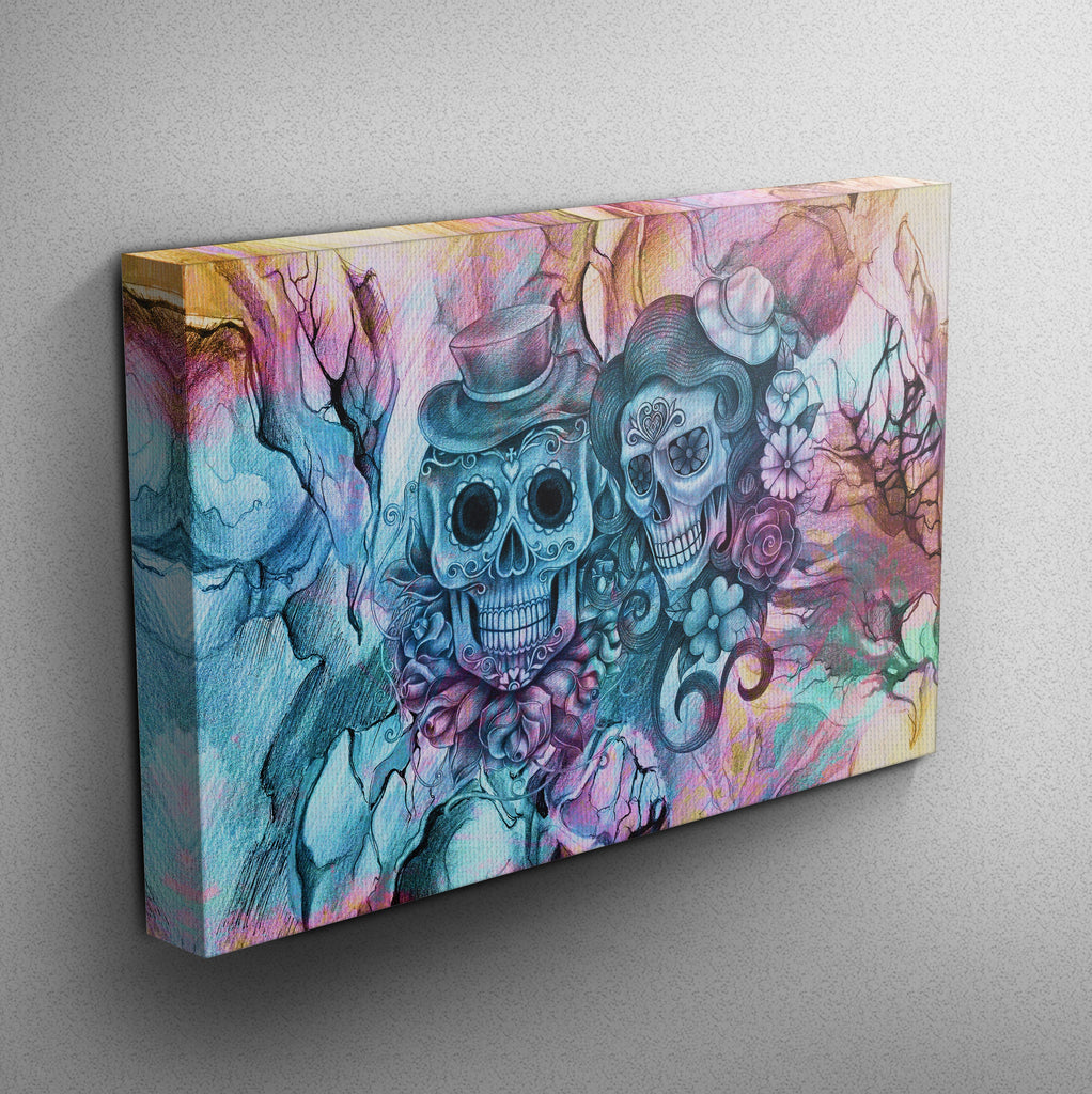 Teal and Purple Pencil Sketch Sugar Skull Couple Gallery Wrapped Canvas