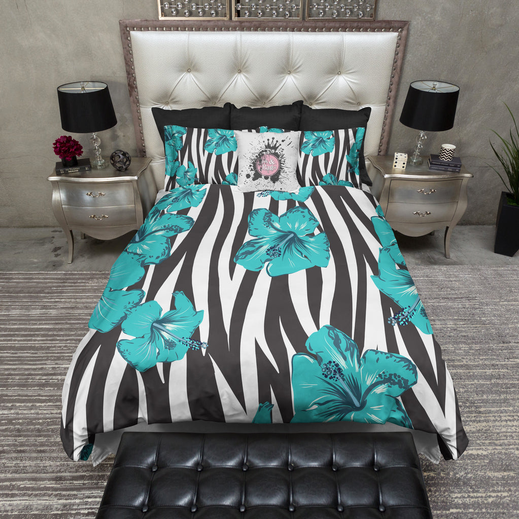 Zebra and Teal Tropical Flower Bedding Collection