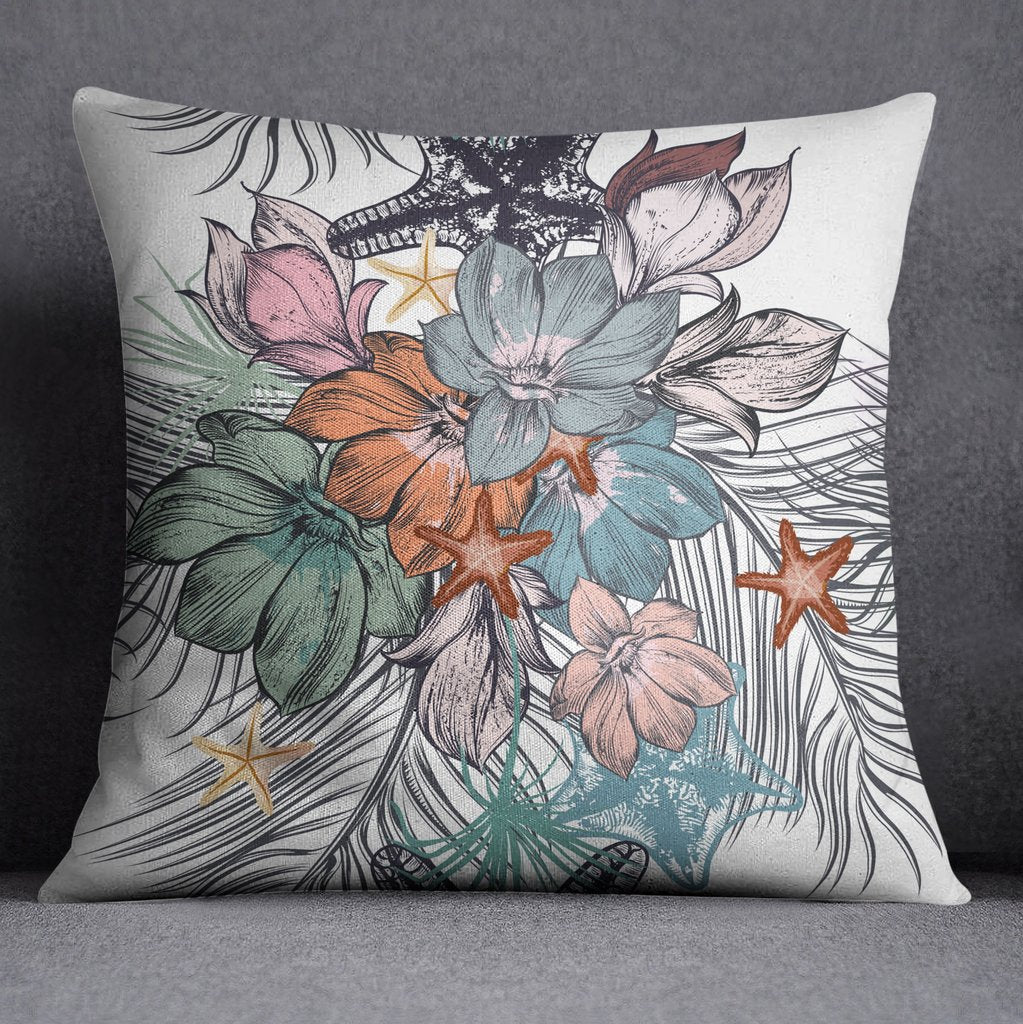 Tropical Flower and Starfish Throw Pillow