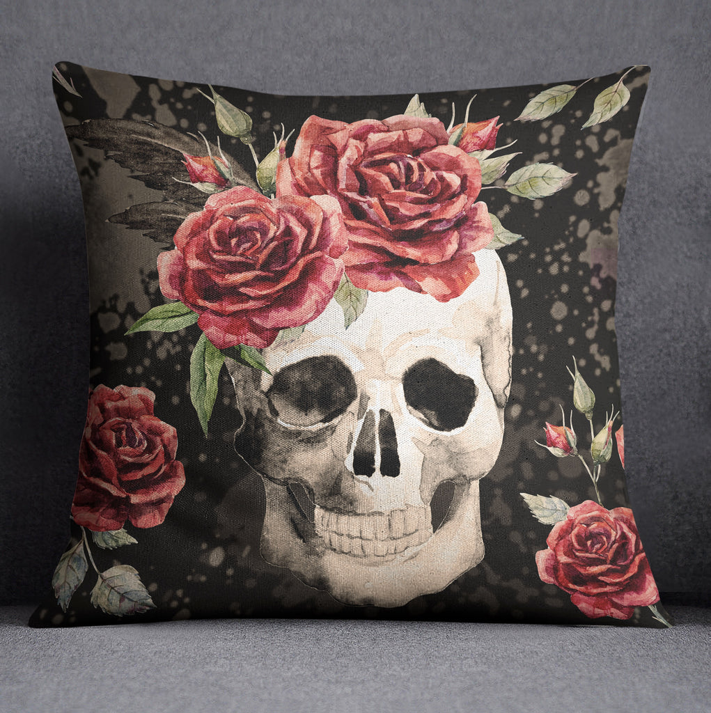 Antiqued Red Rose Skull Throw Pillow