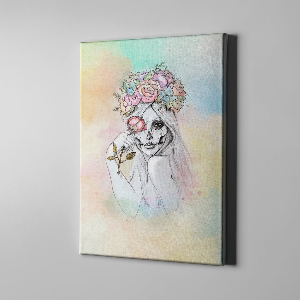 Painted Lady Watercolor Rose Crown Sugar Skull Wrapped Canvas