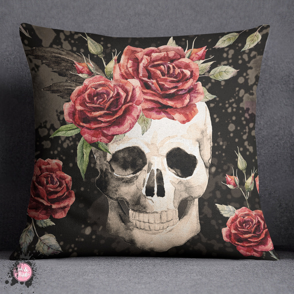 Antiqued Red Rose Skull Decorative Throw and Pillow Cover Set