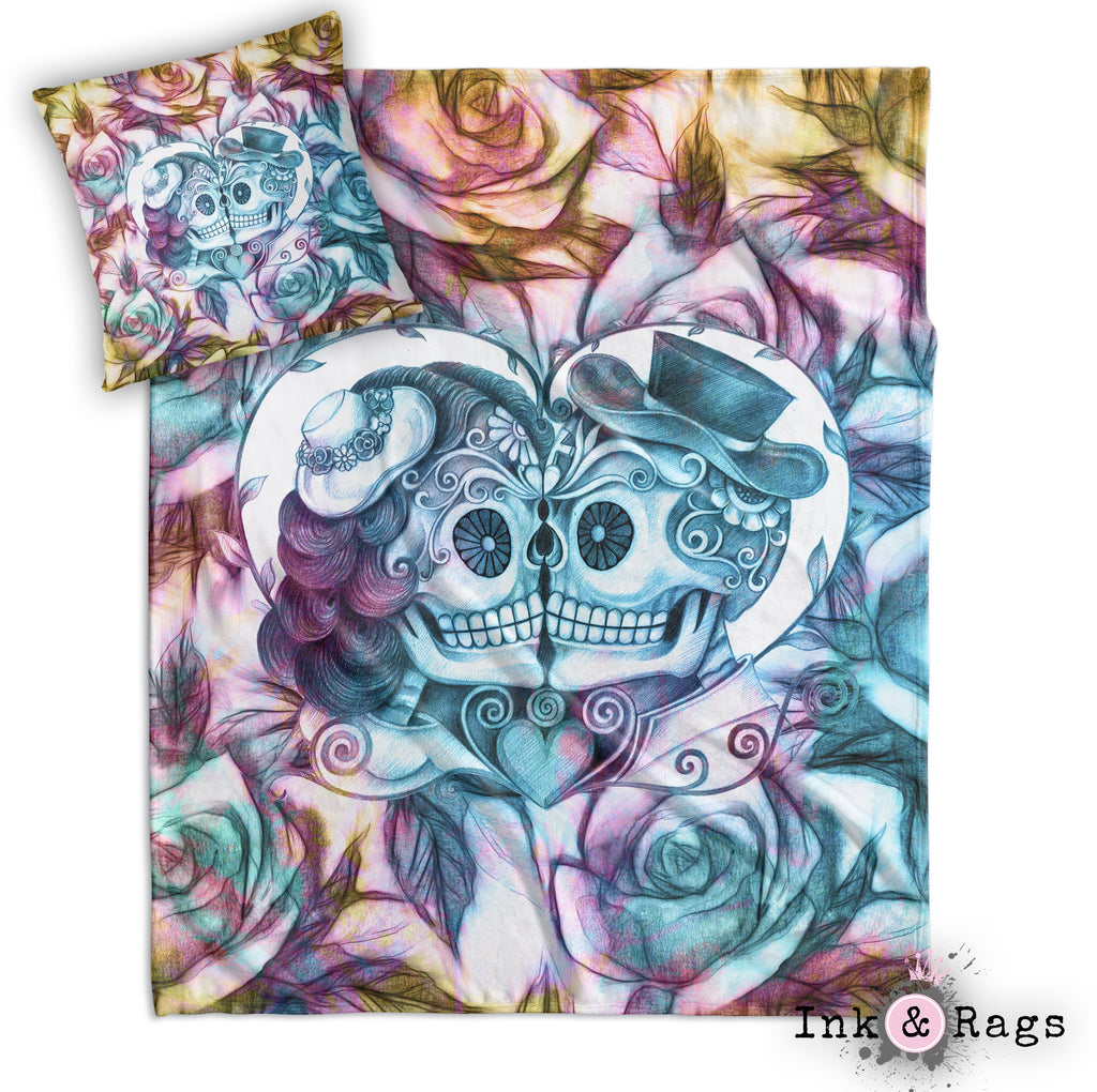 Purple Gold and Teal Kissing Couple Sugar Skull Rose Decorative Throw and Pillow Cover Set