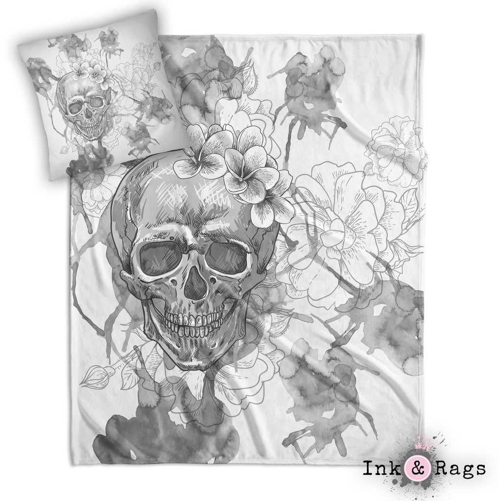 Silver Watercolor Skull and Flower Throw and Pillow Cover Set