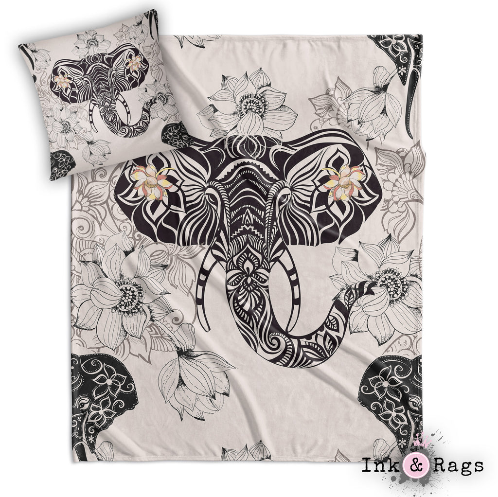 Tribal Elephant and Flower Decorative Throw and Pillow Cover Set
