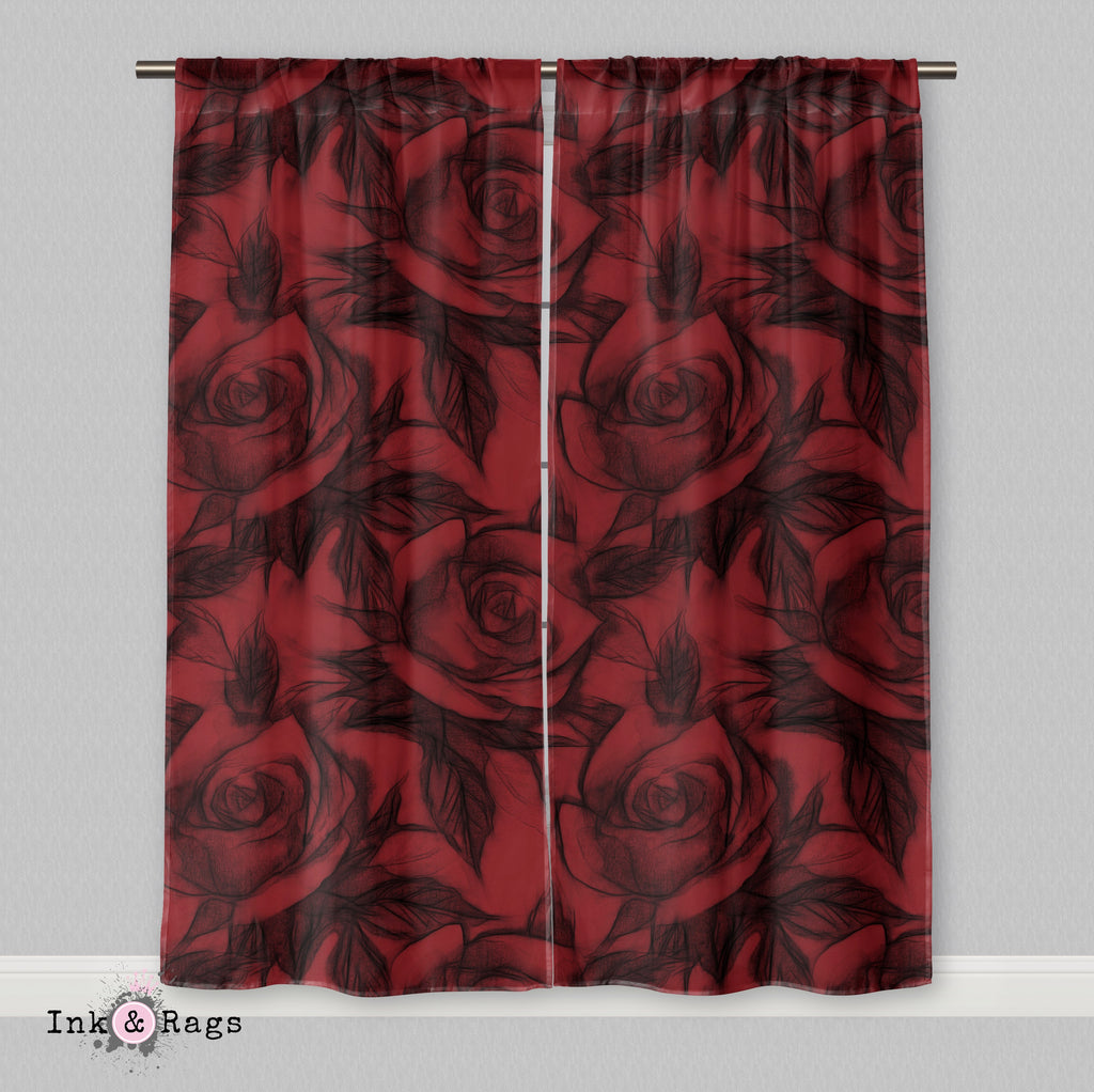 Red and Black Pencil Sketch Rose Curtains
