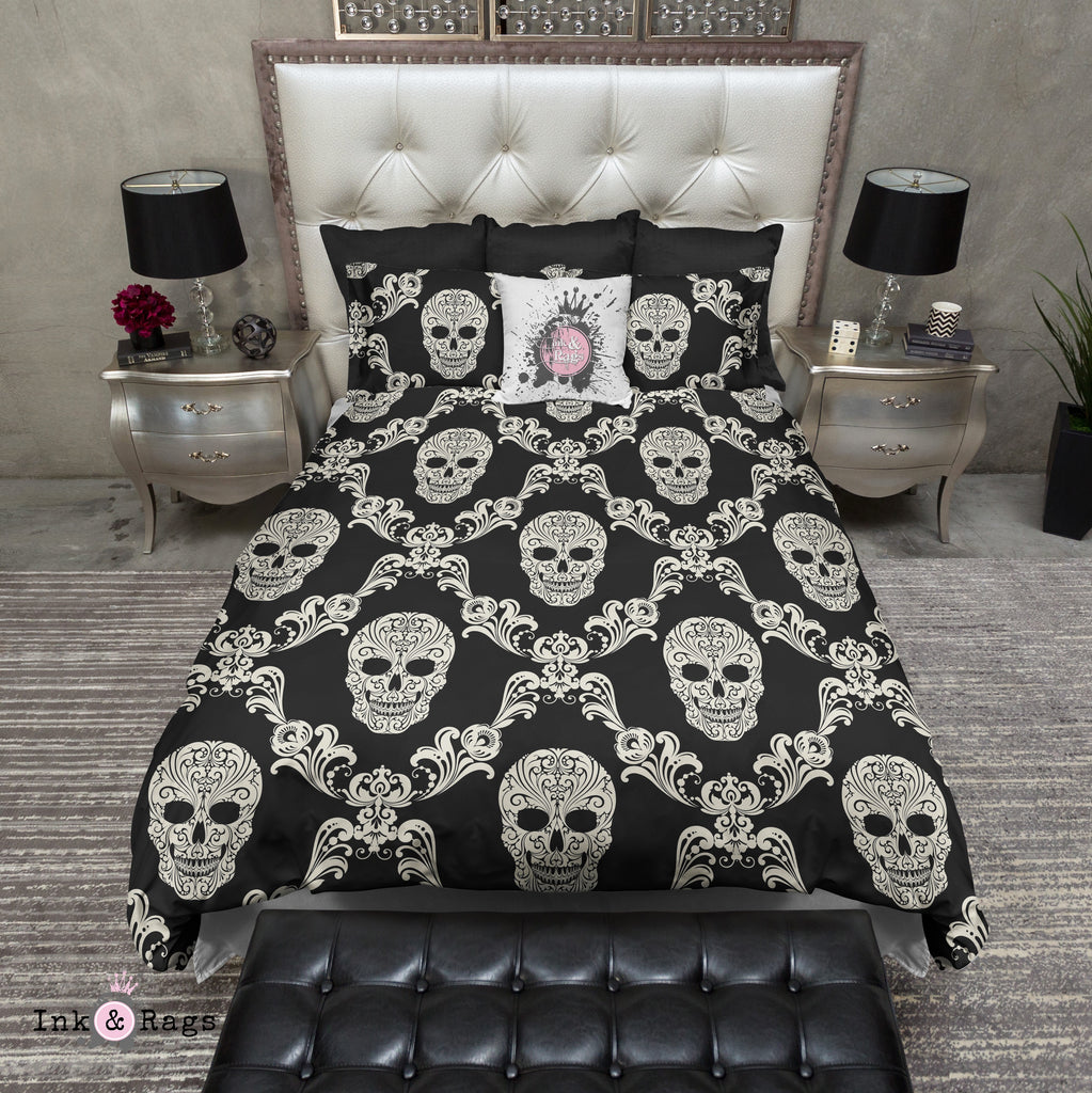 Black and Cream Damask Sugar Skull Bedding Collection