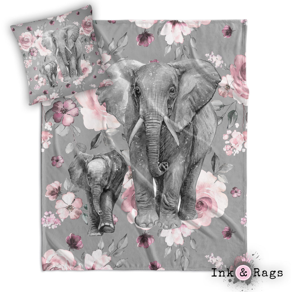 Pink Rose Mama and Baby Elephant Decorative Throw and Pillow Cover Set