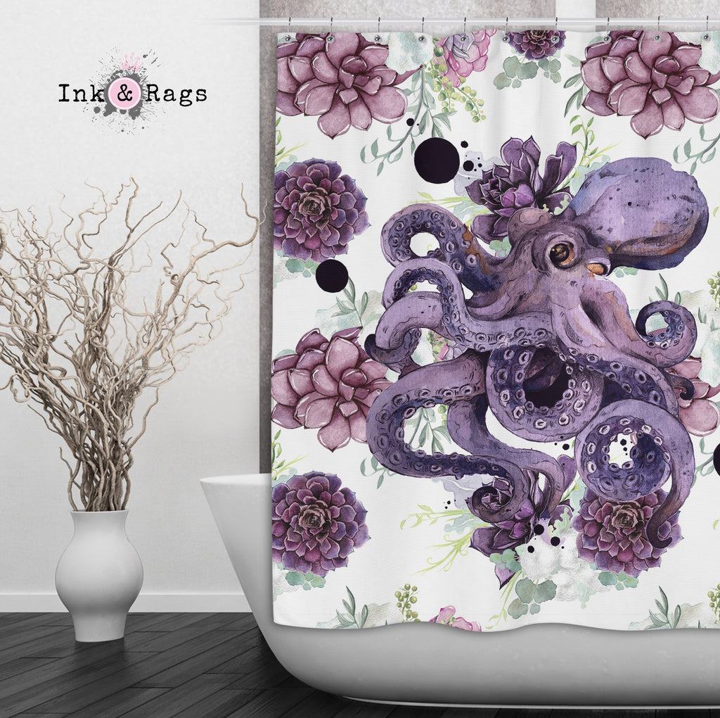 Succulent Octopus Ink Shower Curtains and Optional Bath Mats