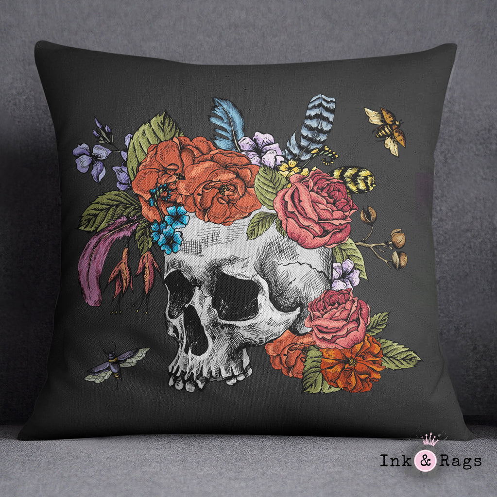 Botanical Feather Bees and Skull Throw Pillow