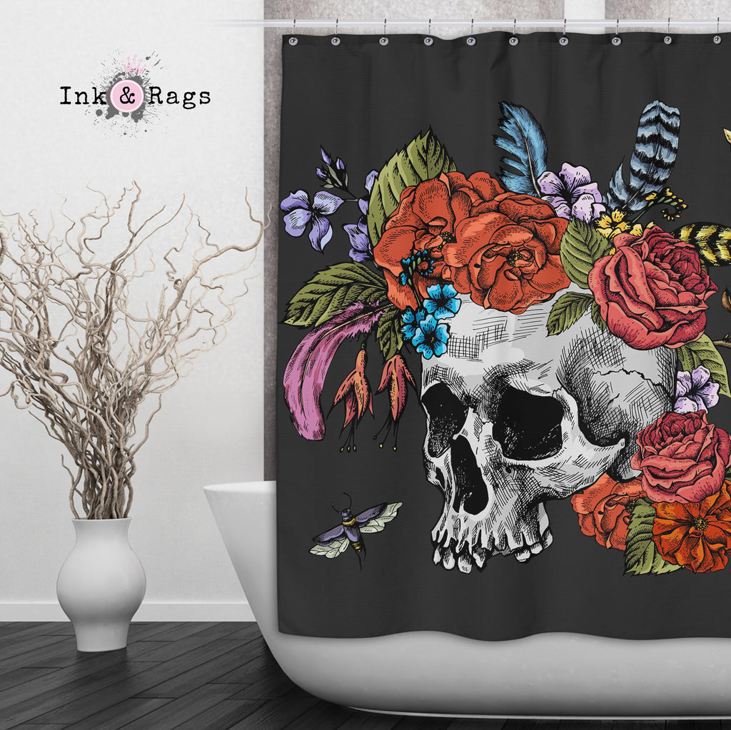 Botanical Feather Bees and Skull  Shower Curtains and Optional Bath Mats