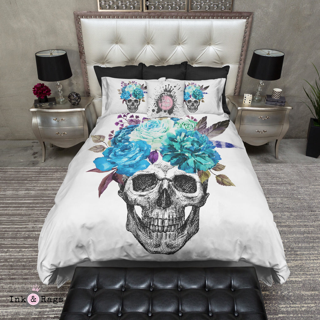 Sketch Skull Turquoise Blue and Purple Floral Crown Bedding Collection