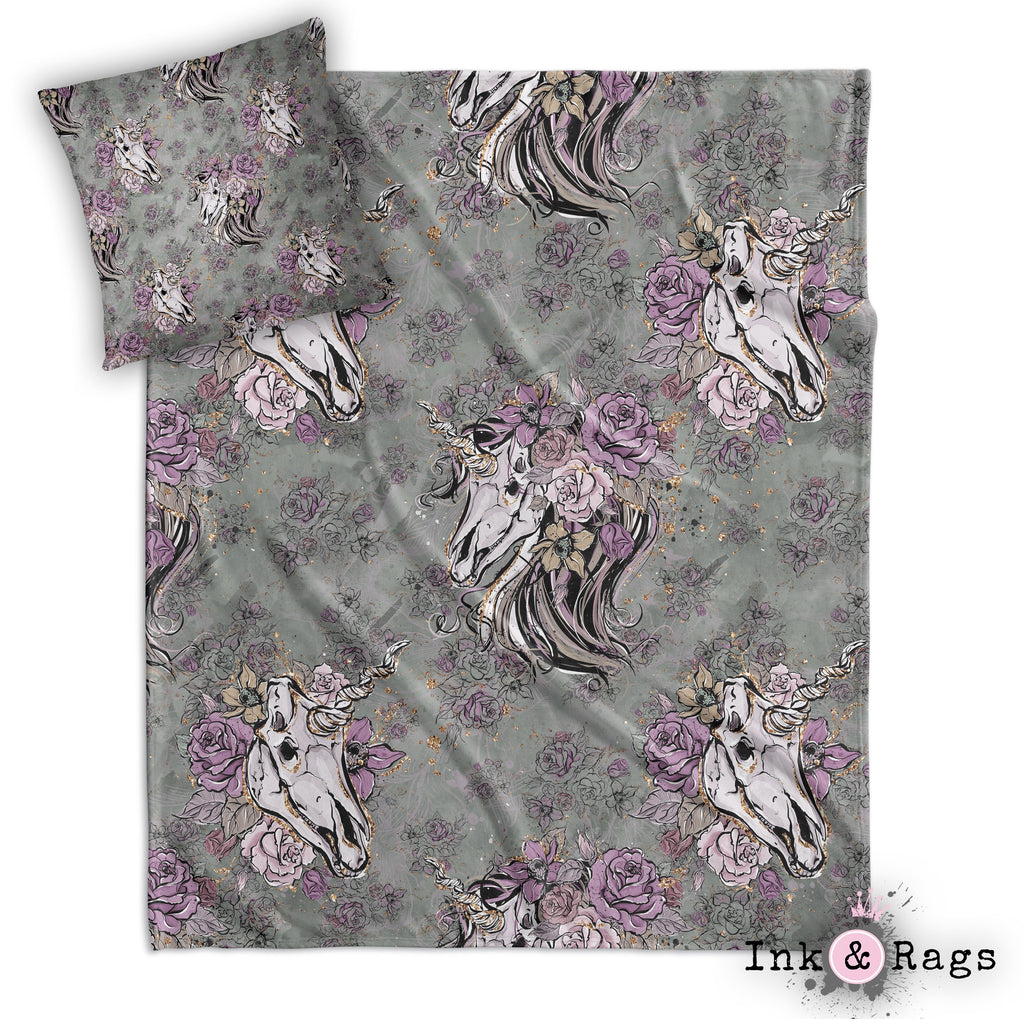 Lavender and Sage Unicorn Skull Decorative Throw and Pillow Cover Set