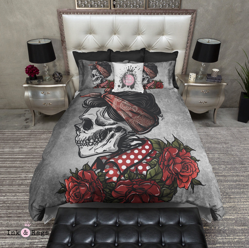 Rockabilly Concrete Betty Red Skull and Rose Bedding Collection