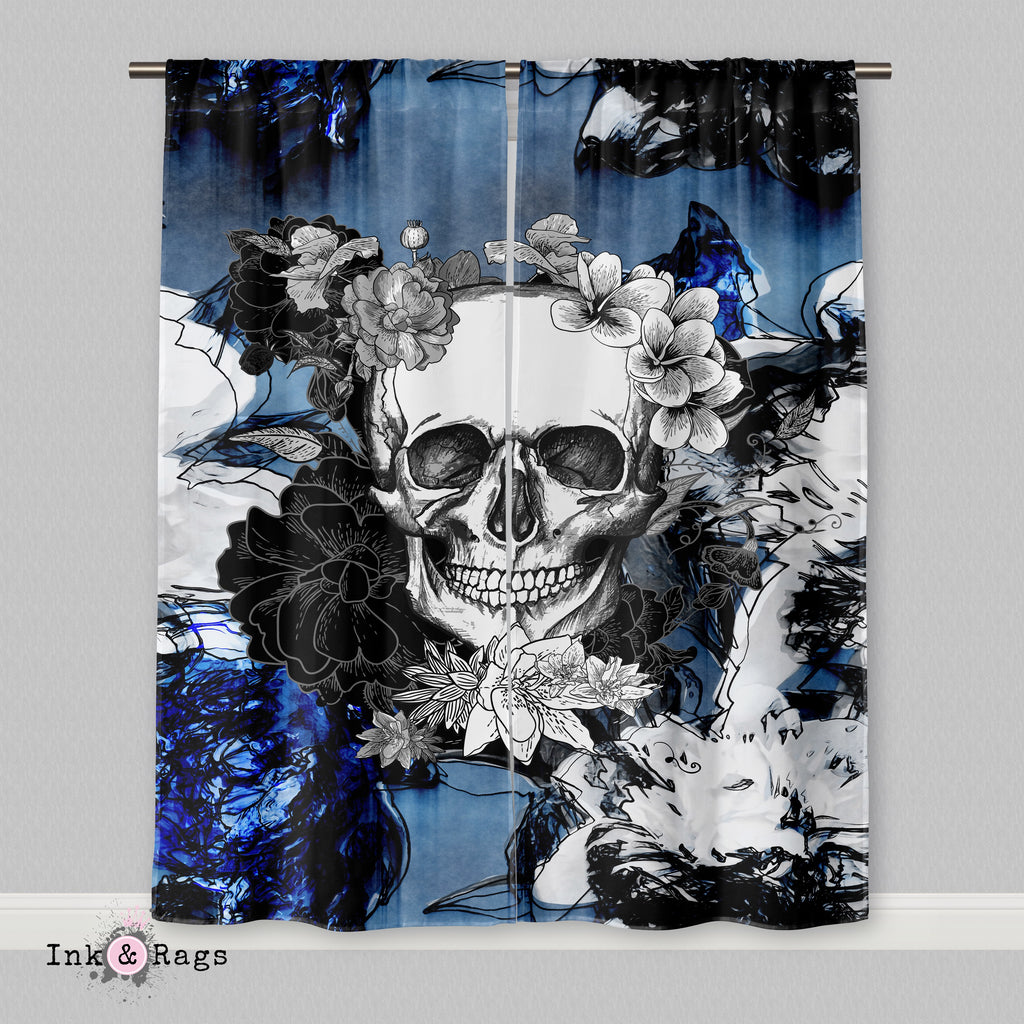 Abstract Blue Flower Skull Curtains