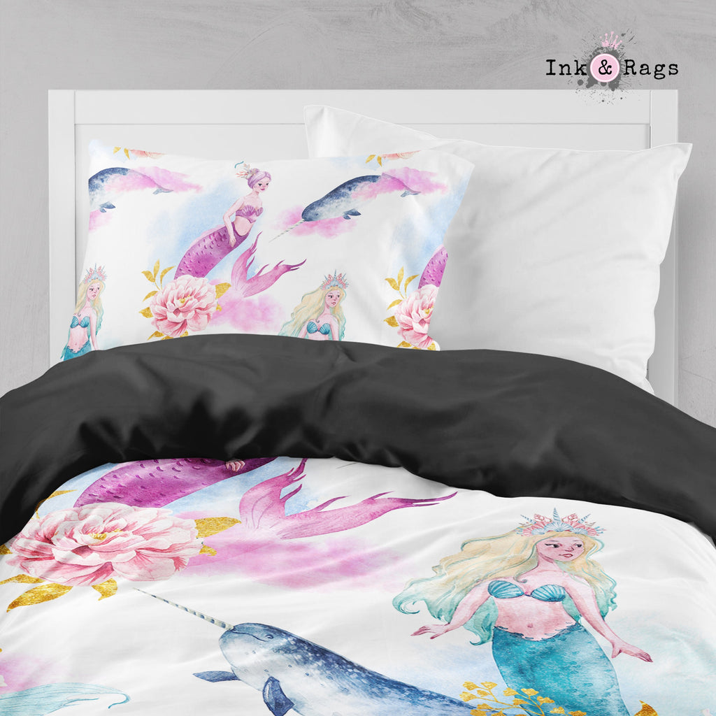 Watercolor Mermaid Narwhal and Peony Crib and Toddler Bedding Collection