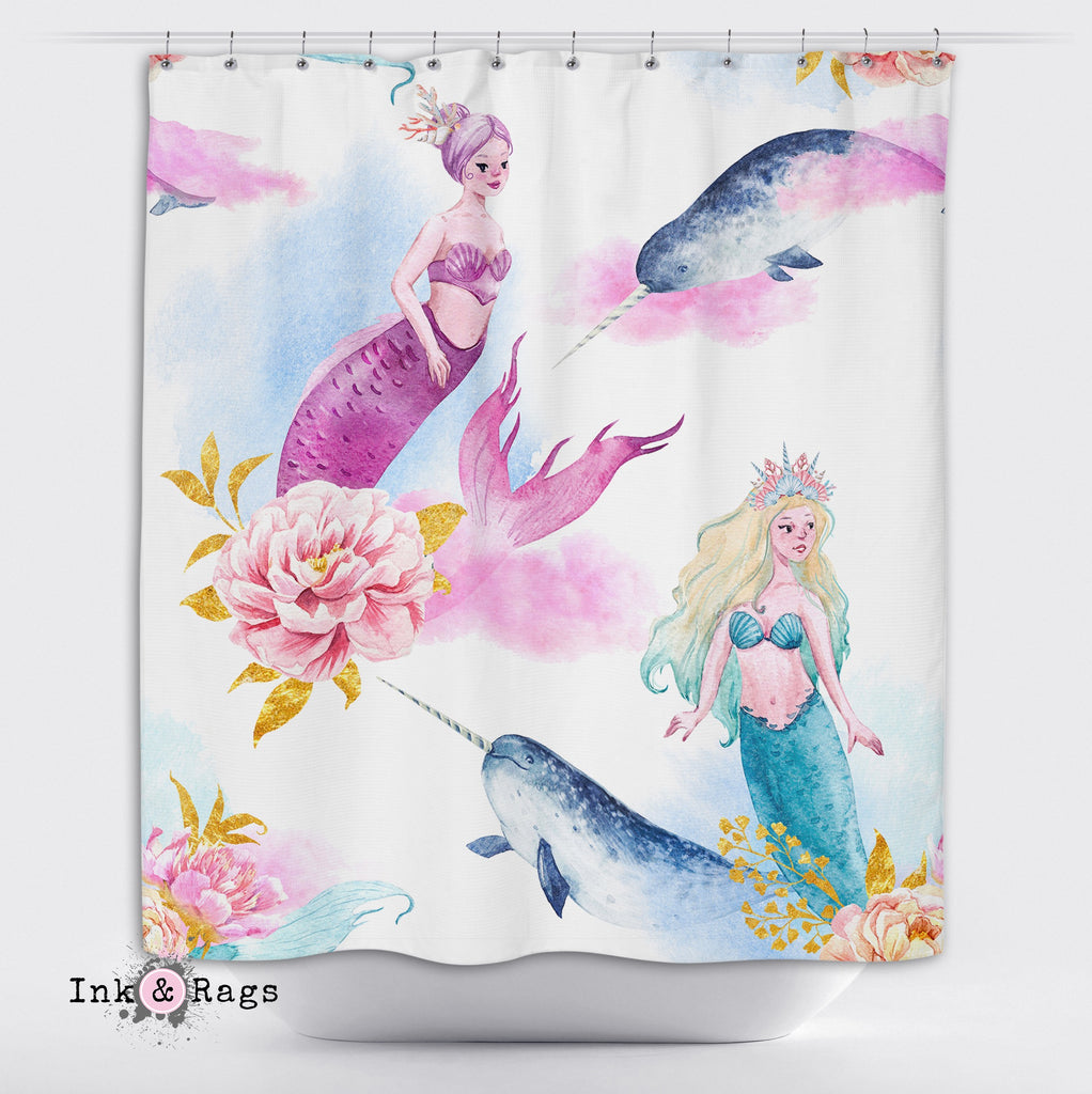 Watercolor Mermaid Narwhal and Peony Shower Curtains and Optional Bath Mats