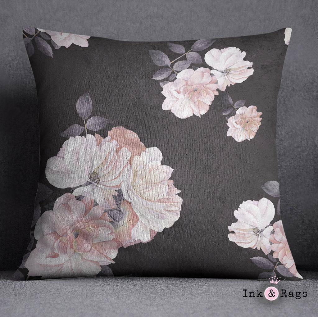 Vintage Black and Pink Distressed Watercolor Rose Throw Pillow