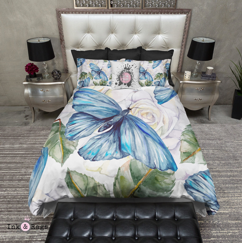 Watercolor Blue Butterfly and White Rose Bedding Collection