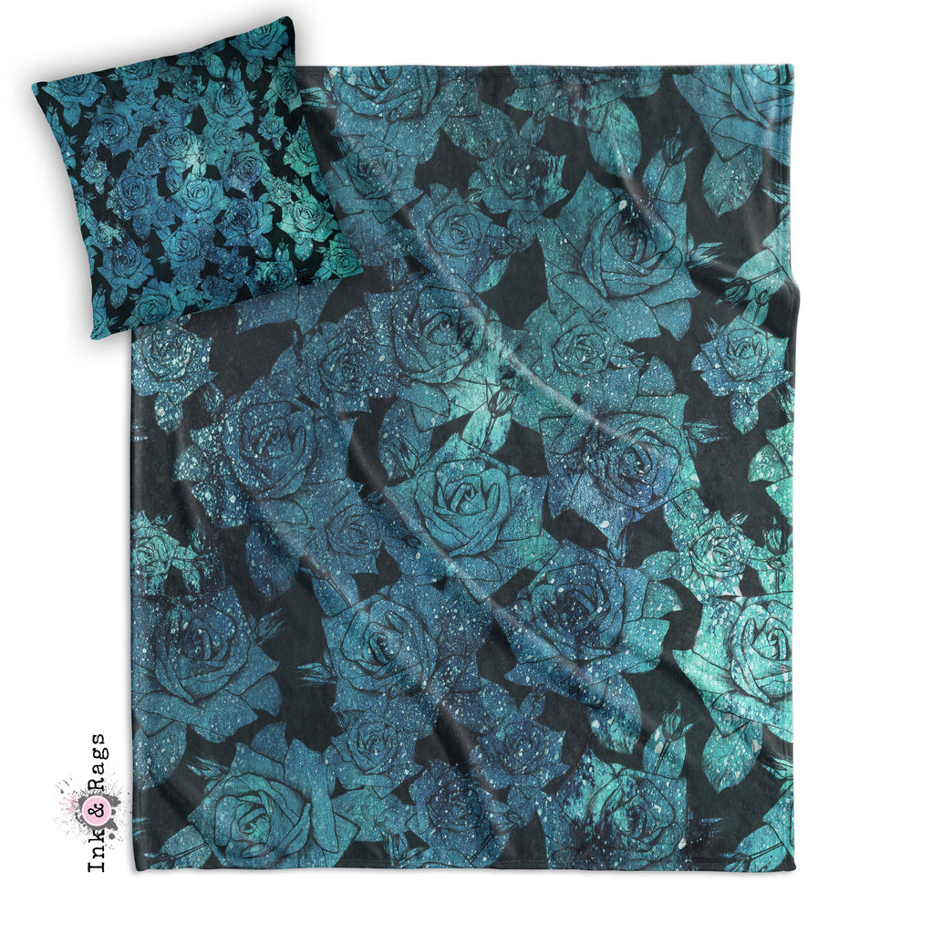 Teal Cosmic Rose Decorative Throw and Pillow Cover Set