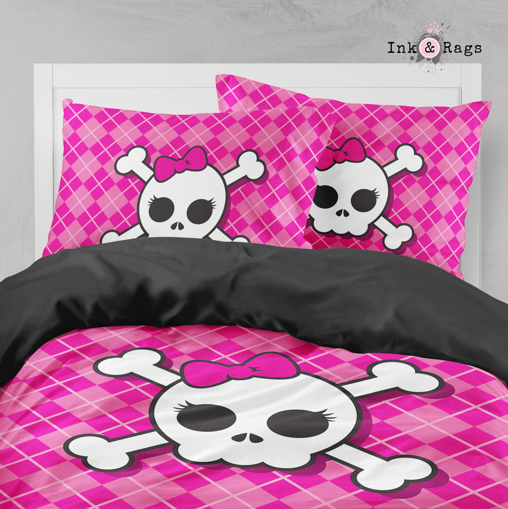 Hot Pink Argyle Plaid with Candy Skull Big Kids Bedding