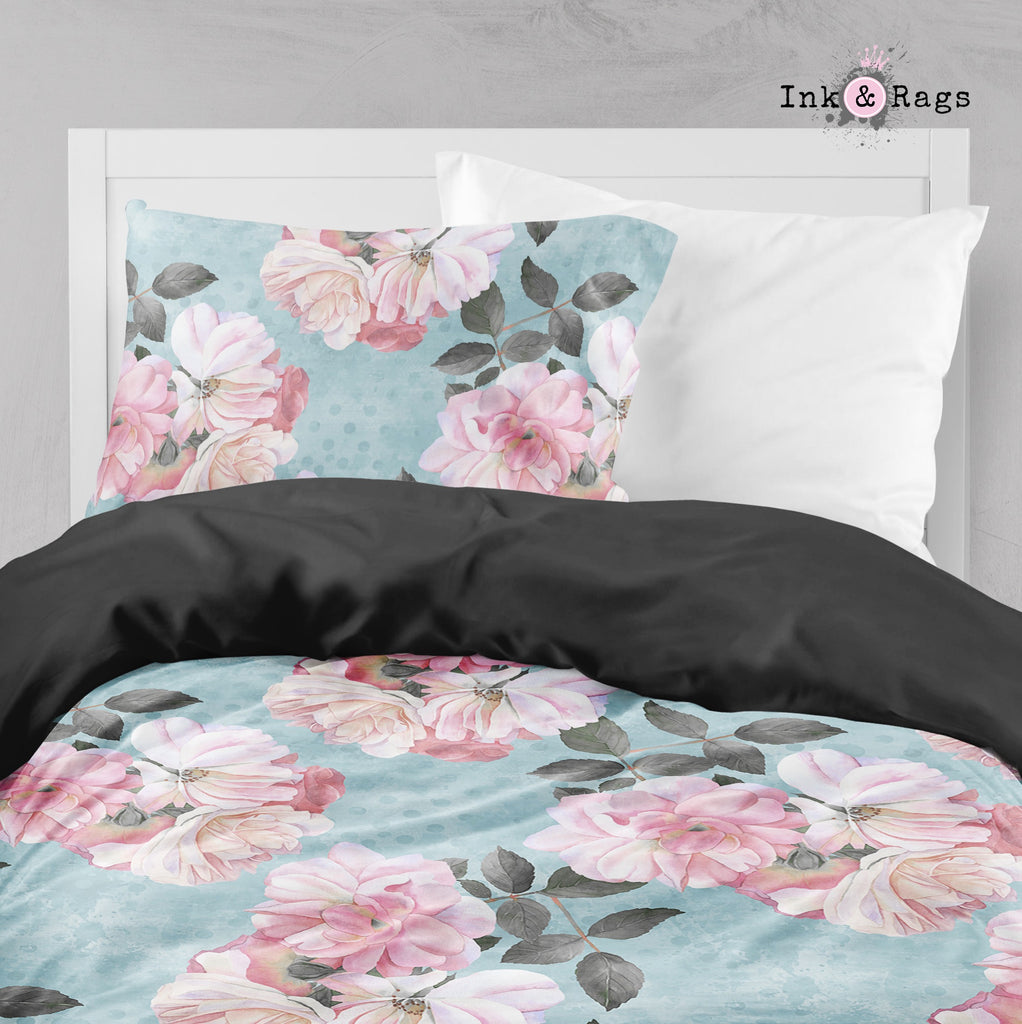 Powder Blue Dot and Pink Rose Floral Crib and Toddler Bedding Collection