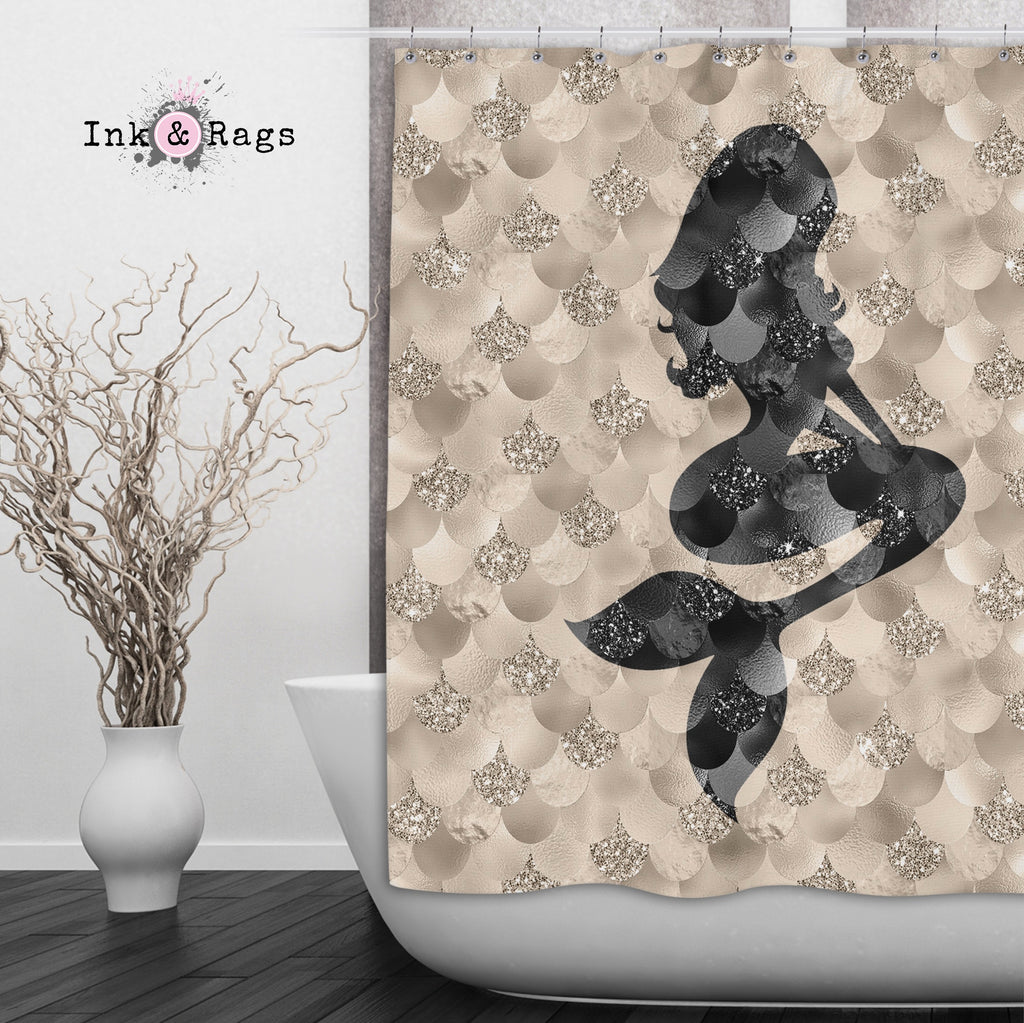 Gold and Black Mermaid Silhouette Shower Curtains and Optional Bath Mats