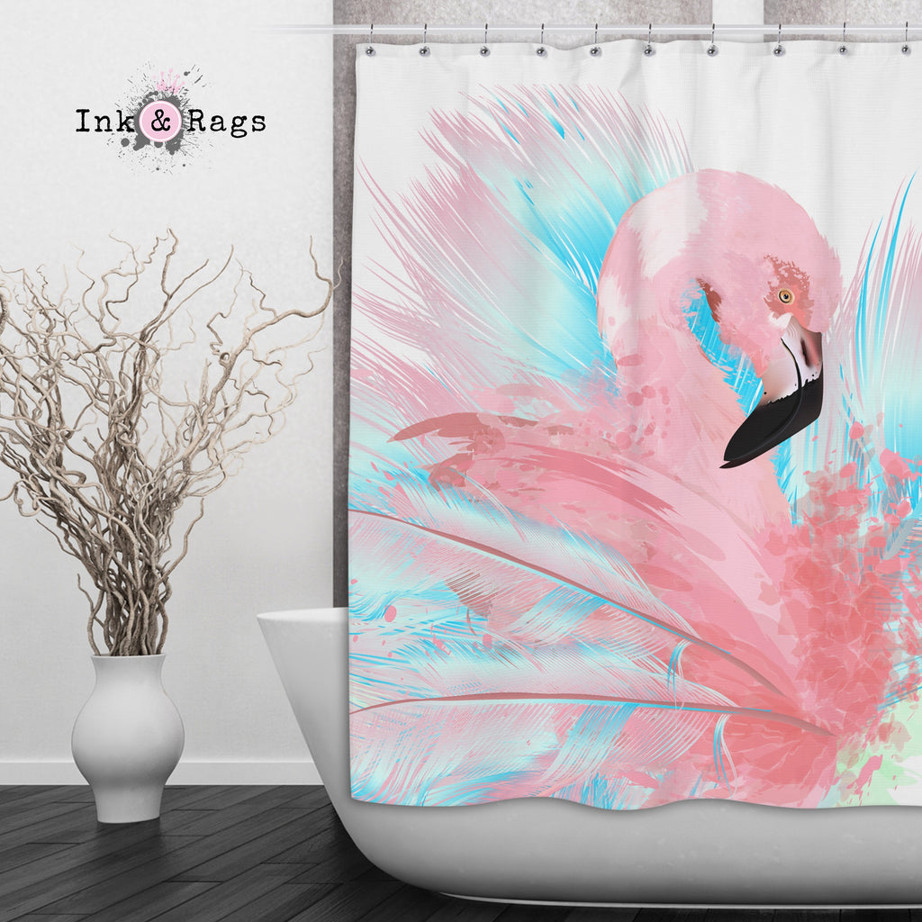 Watercolor Flamingo Shower Curtains and Optional Bath Mats
