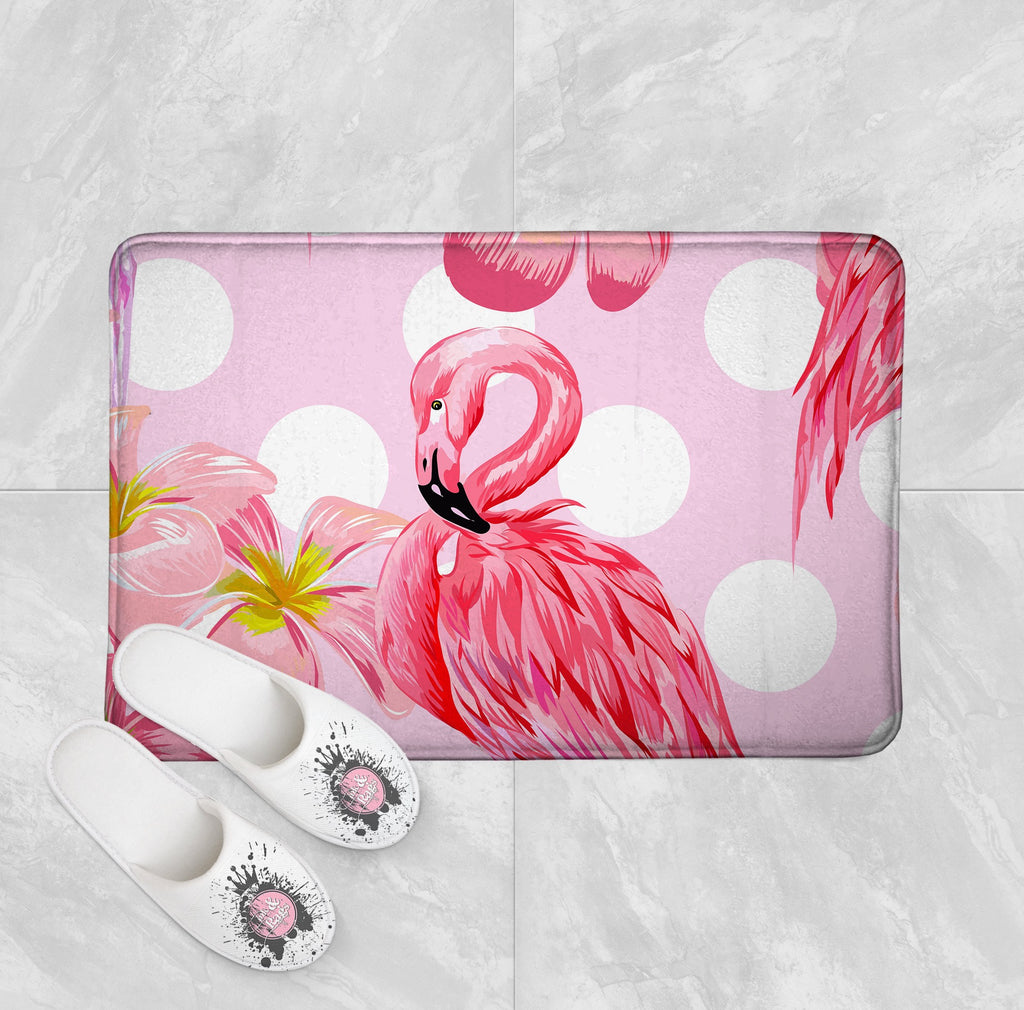 Pink Plumeria Flamingo Dot Shower Curtains and Optional Bath Mats