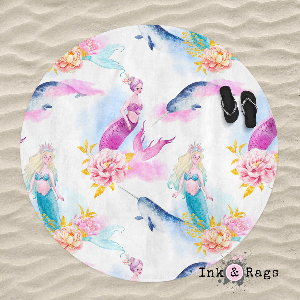 Watercolor Mermaid Narwhal and Peony Round Beach Towel
