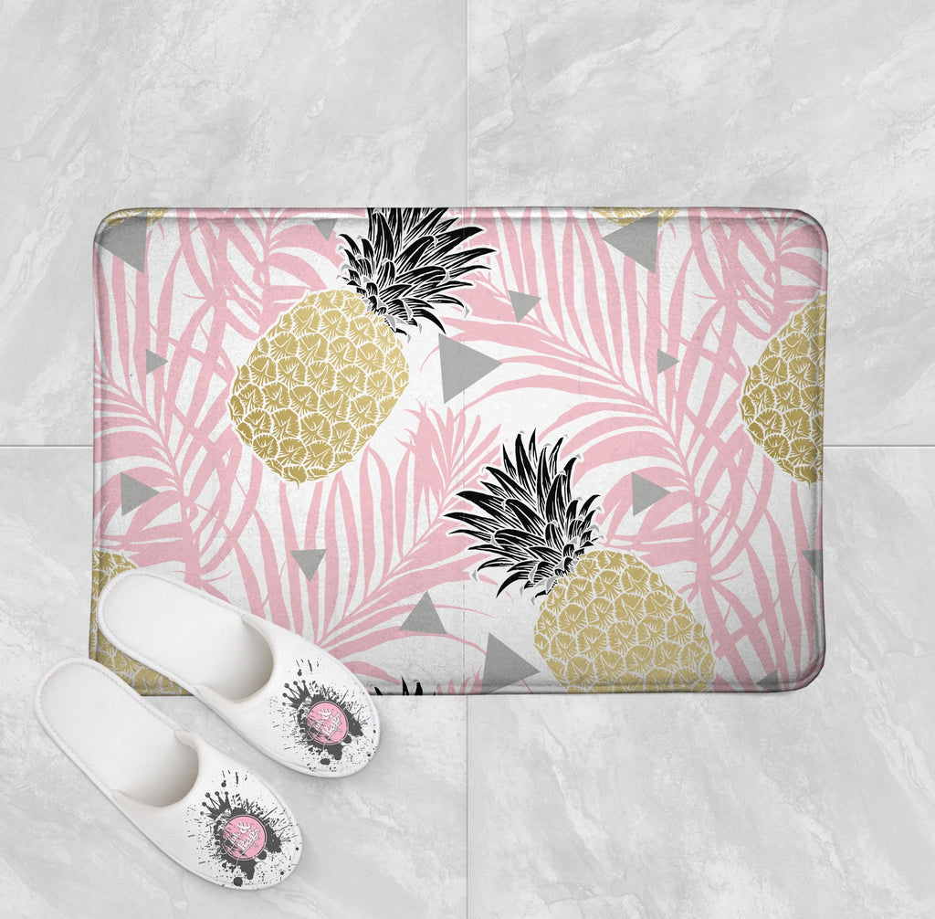 Pink Palm Geometric Pineapple Shower Curtains and Optional Bath Mats