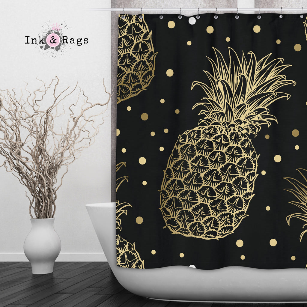 Black and Gold Pineapple Shower Curtains and Optional Bath Mats