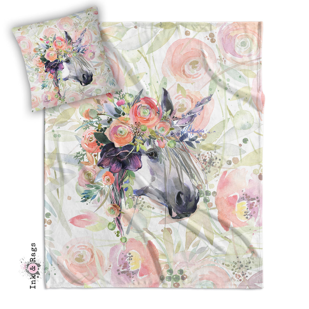 Spring Flower Watercolor Unicorn Decorative Throw and Pillow Cover Set