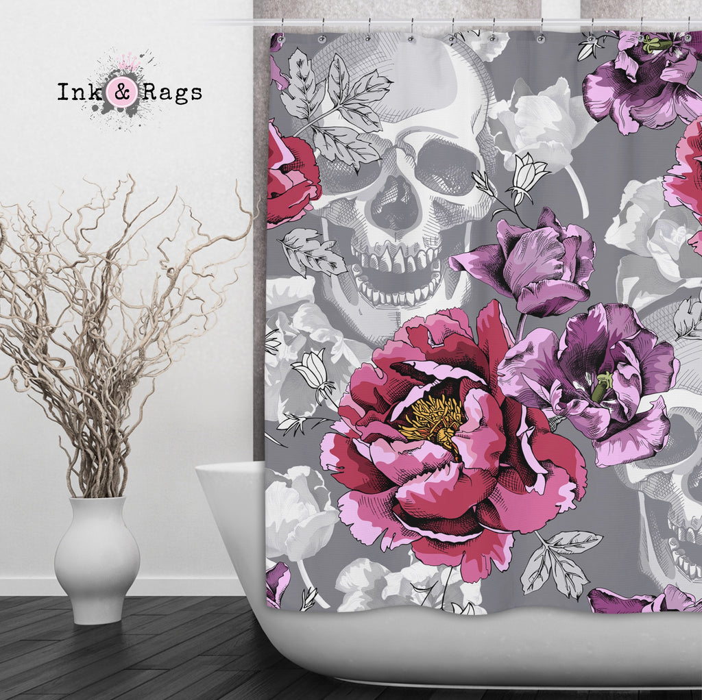 Violet Berry and Grey Tulip and Flower Skull Shower Curtains and Optional Bath Mats