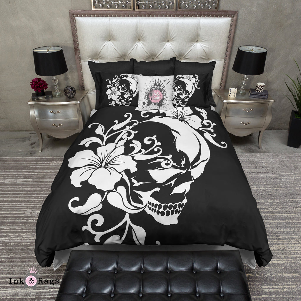 Black and White Hibiscus and Masked Skull Bedding Collection