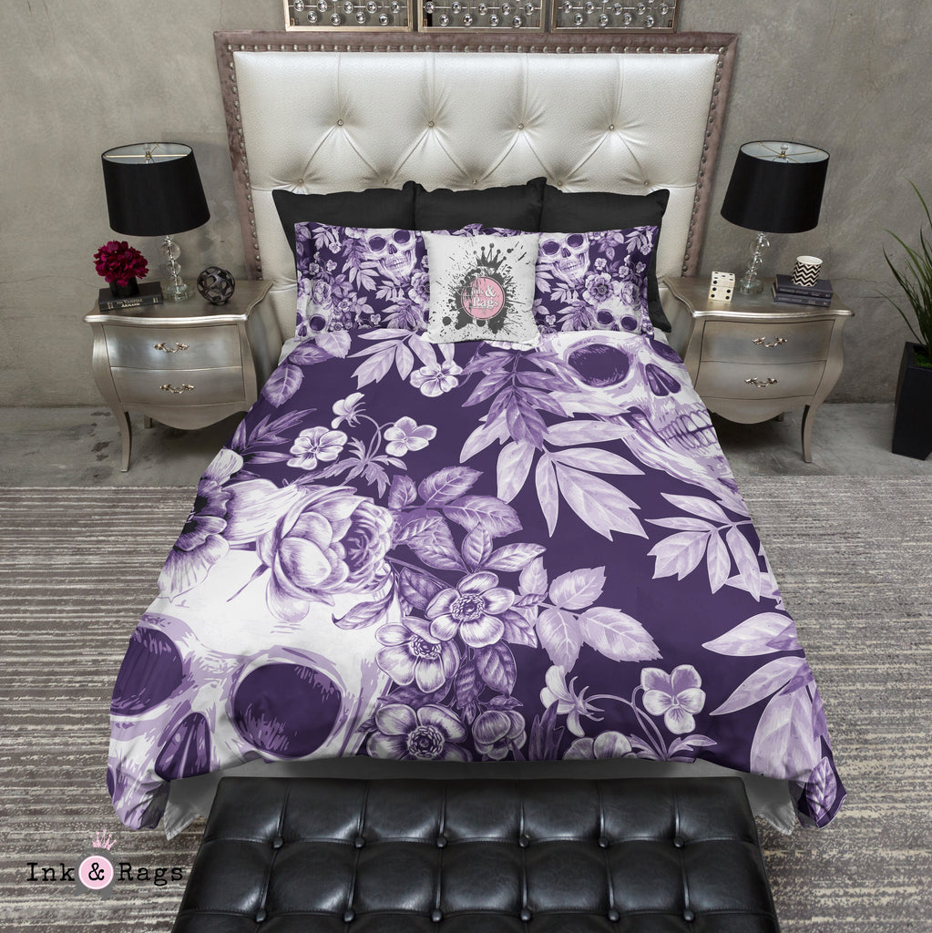 White on PurplePrint Flower and Skull Bedding Collection
