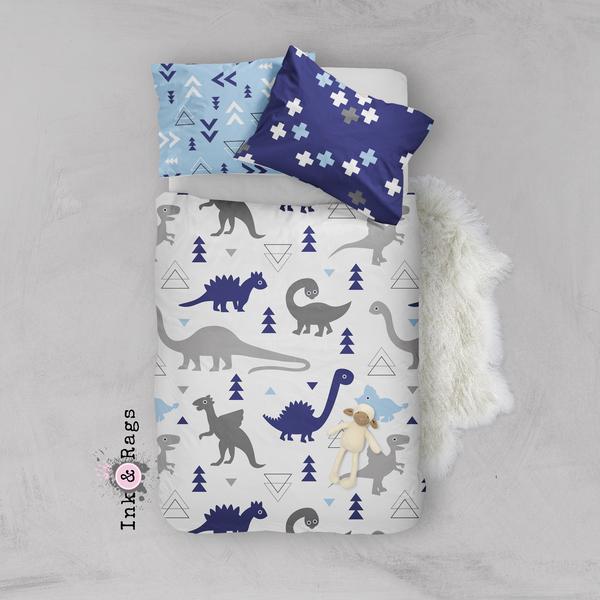 Shades of Blue and Grey Geometric Dino Dinosaur Crib and Toddler Bedding Collection