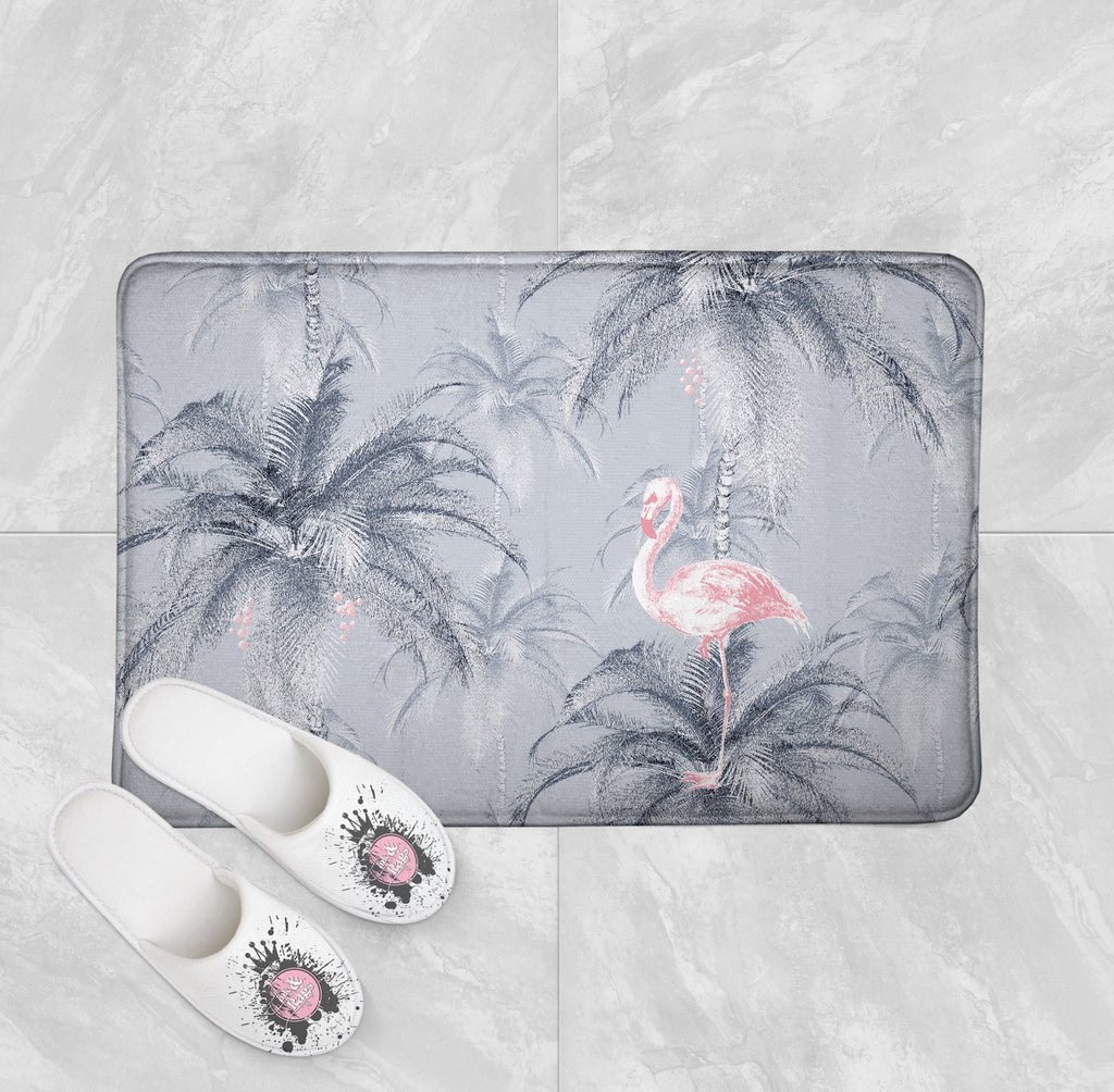 Ink Drum Style Grey Palm and Pink Flamingo Shower Curtains and Optional Bath Mats