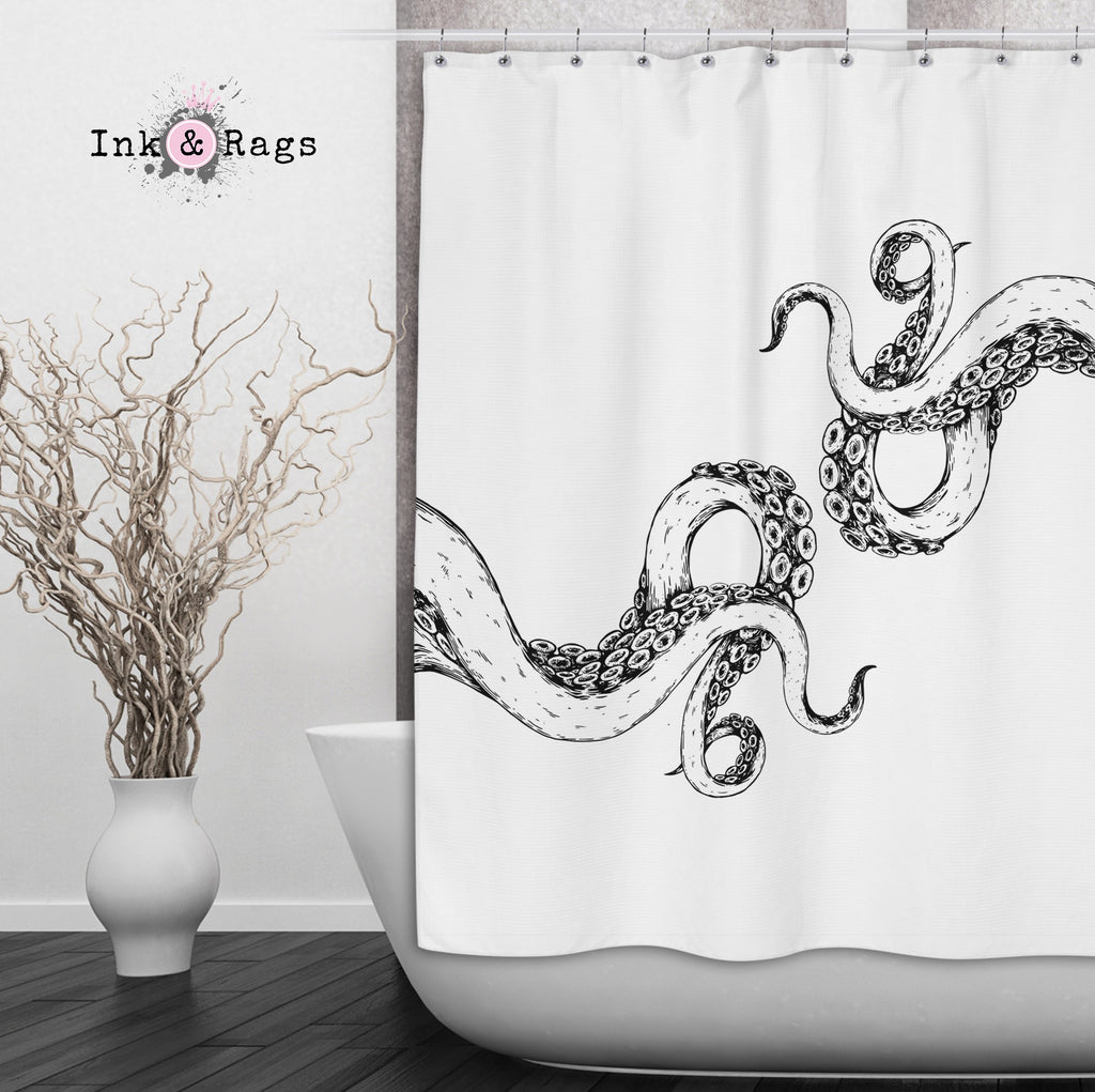 Wrapped in Tentacles White Octopus Shower Curtains and Optional Bath Mats